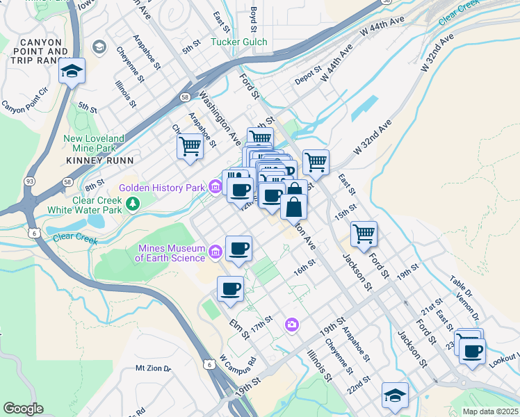 map of restaurants, bars, coffee shops, grocery stores, and more near Arapahoe Street in Golden