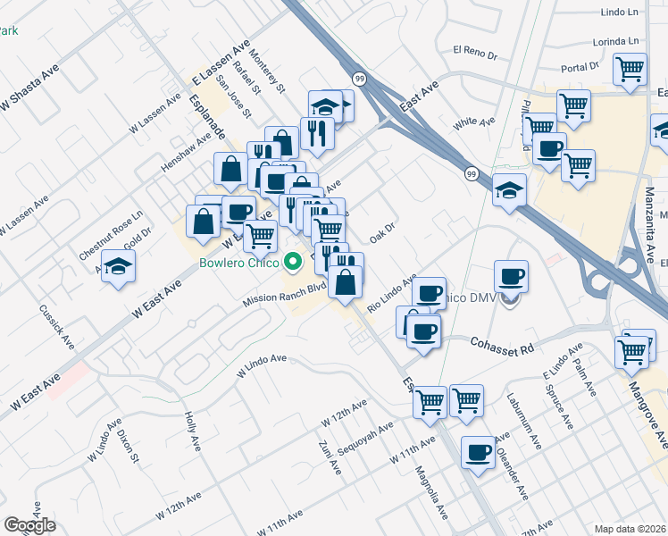 map of restaurants, bars, coffee shops, grocery stores, and more near 2354 Esplanade in Chico