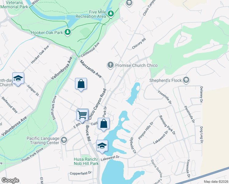 map of restaurants, bars, coffee shops, grocery stores, and more near 2500 Shooting Star Way in Chico