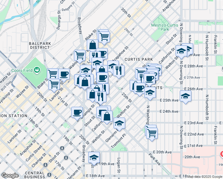 map of restaurants, bars, coffee shops, grocery stores, and more near 2432 Champa Street in Denver