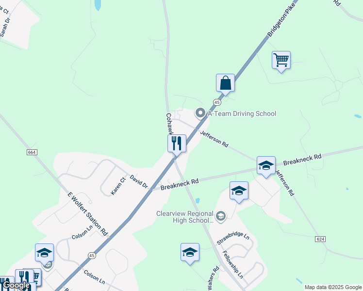 map of restaurants, bars, coffee shops, grocery stores, and more near 224 North Main Street in Harrison Township