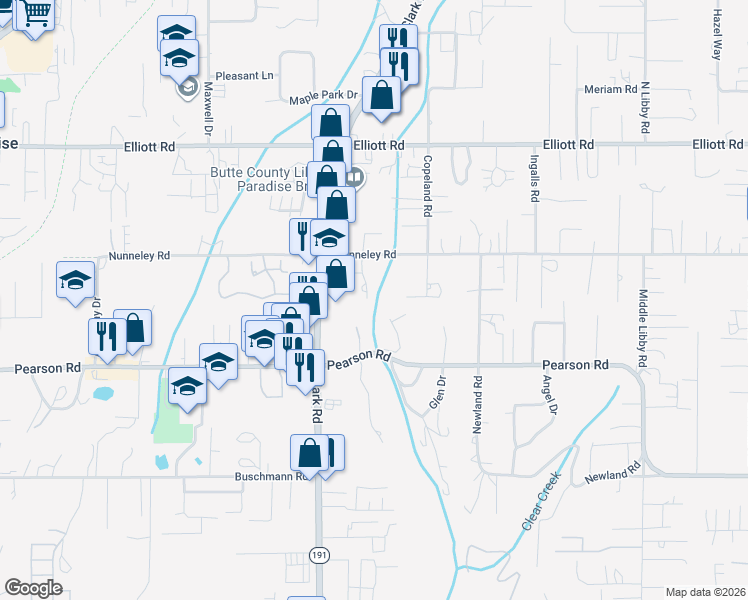 map of restaurants, bars, coffee shops, grocery stores, and more near 5820 Golden Oaks Road in Paradise