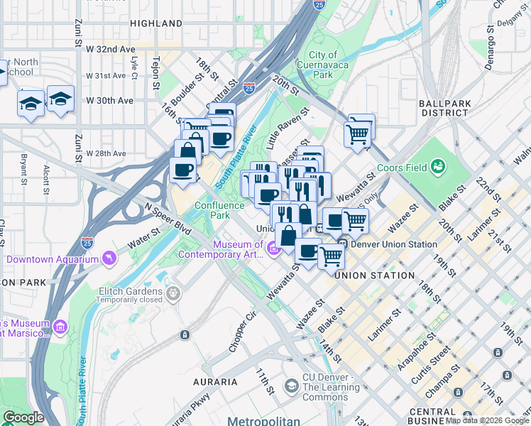 map of restaurants, bars, coffee shops, grocery stores, and more near 2100 16th Street Mall in Denver