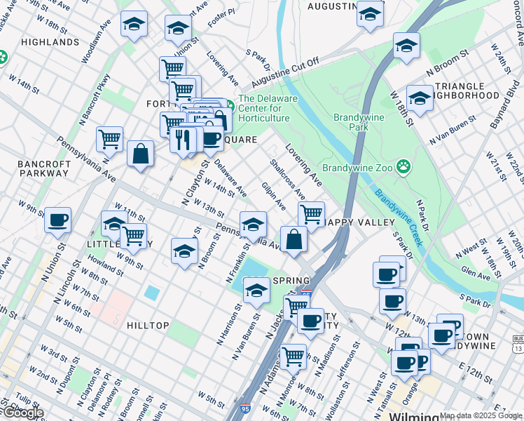 map of restaurants, bars, coffee shops, grocery stores, and more near 501 West 14th Street in Wilmington