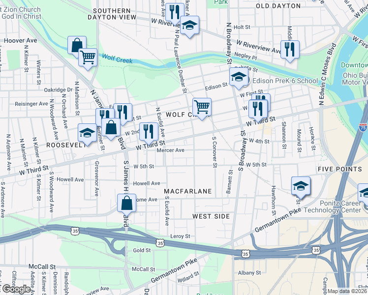 map of restaurants, bars, coffee shops, grocery stores, and more near 321 Mercer Avenue in Dayton