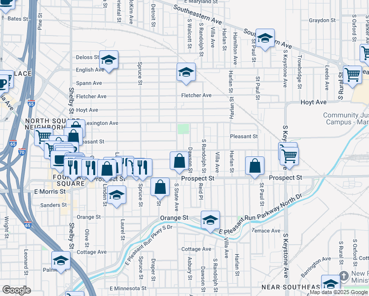 map of restaurants, bars, coffee shops, grocery stores, and more near 1720 Woodlawn Avenue in Indianapolis