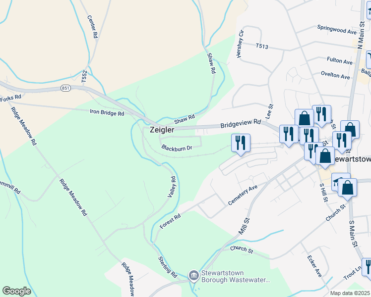 map of restaurants, bars, coffee shops, grocery stores, and more near 4363 Blackburn Drive in Stewartstown