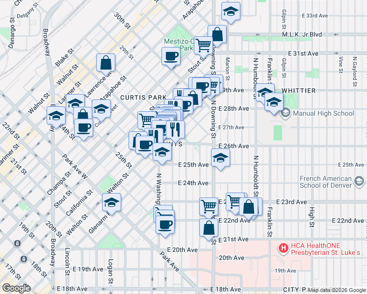 map of restaurants, bars, coffee shops, grocery stores, and more near 2563 Emerson Street in Denver