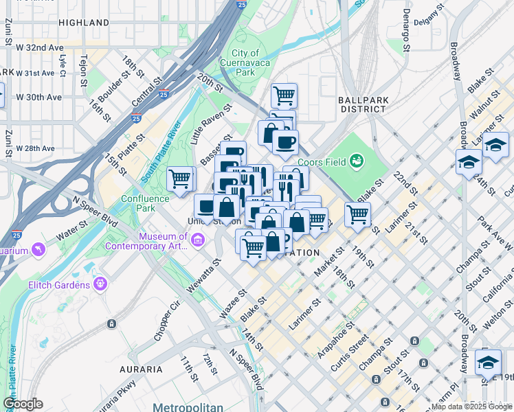 map of restaurants, bars, coffee shops, grocery stores, and more near 1750 Wewatta Street in Denver