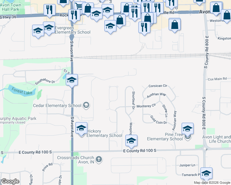 map of restaurants, bars, coffee shops, grocery stores, and more near 620 Woodfield Circle in Avon