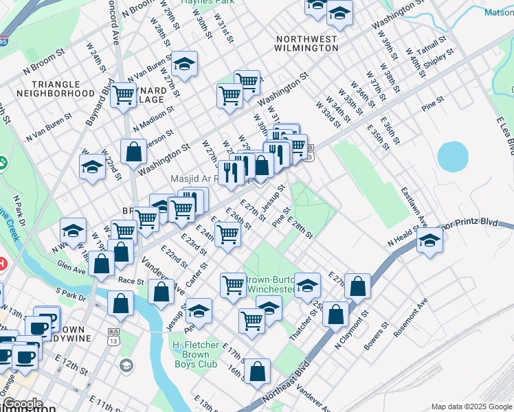 map of restaurants, bars, coffee shops, grocery stores, and more near 2710 Carter Street in Wilmington