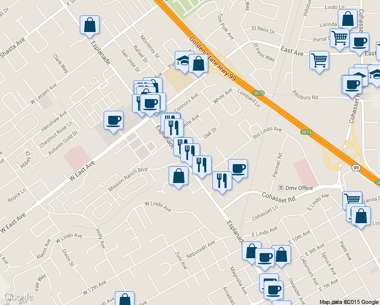 map of restaurants, bars, coffee shops, grocery stores, and more near 2352 Esplanade in Chico