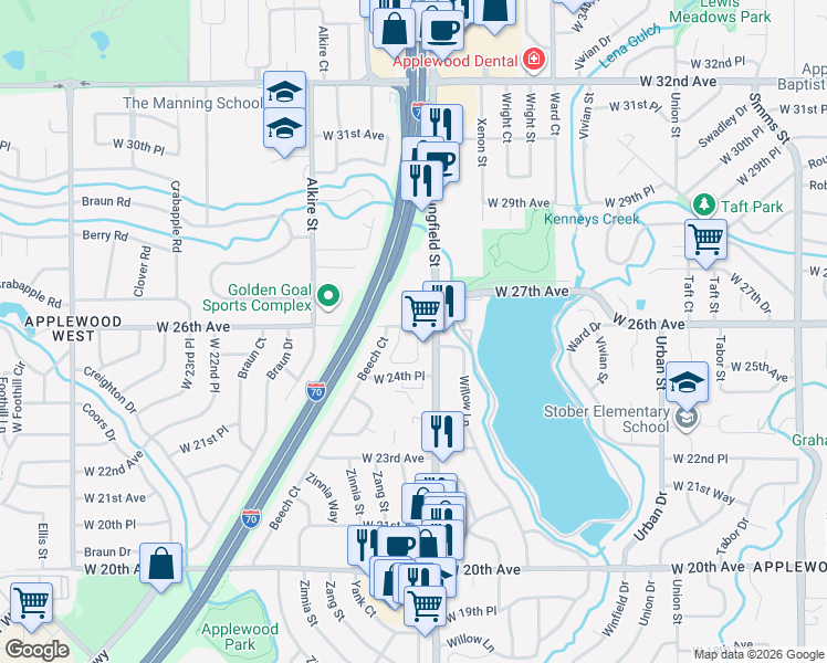 map of restaurants, bars, coffee shops, grocery stores, and more near 12898 West 26th Avenue in Golden