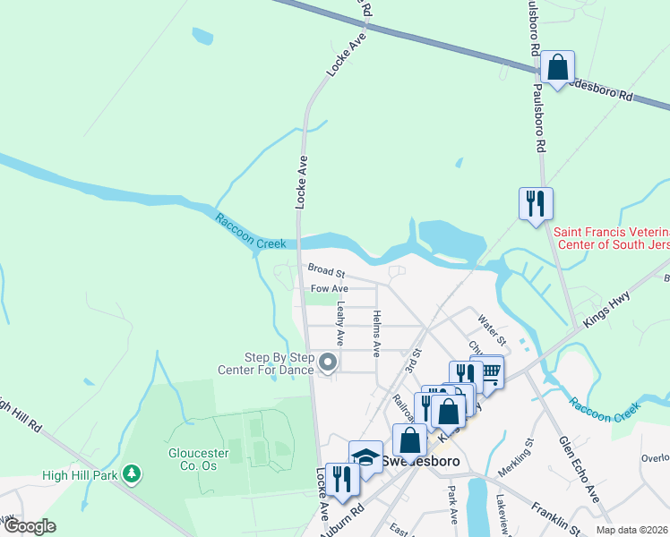 map of restaurants, bars, coffee shops, grocery stores, and more near 409 Broad Street in Swedesboro
