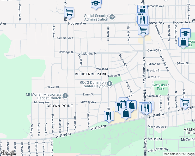 map of restaurants, bars, coffee shops, grocery stores, and more near 4515 Dayview Avenue in Dayton