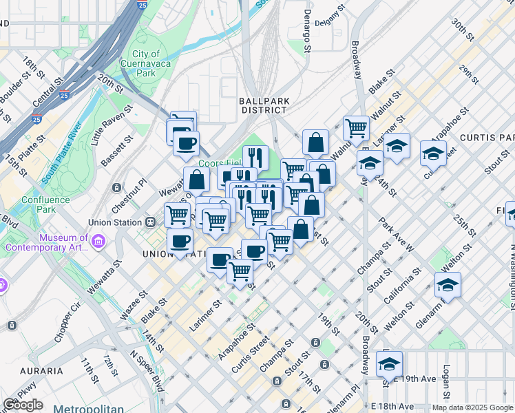 map of restaurants, bars, coffee shops, grocery stores, and more near 2020 Blake Street in Denver