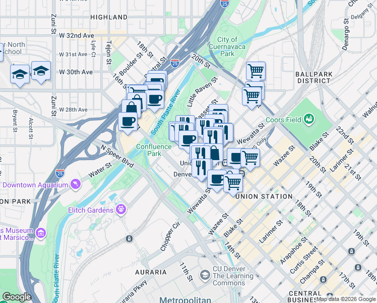 map of restaurants, bars, coffee shops, grocery stores, and more near 2100 16th Street Mall in Denver