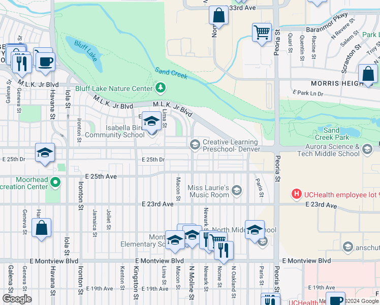 map of restaurants, bars, coffee shops, grocery stores, and more near 2581 North Moline Street in Aurora
