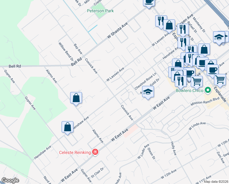 map of restaurants, bars, coffee shops, grocery stores, and more near 2 Northwood Commons Place in Chico