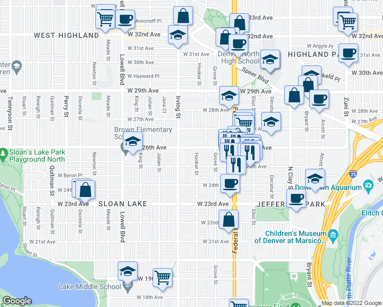 map of restaurants, bars, coffee shops, grocery stores, and more near 2541 Hooker Street in Denver