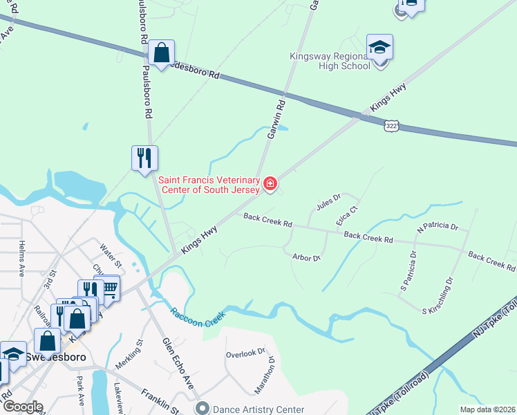 map of restaurants, bars, coffee shops, grocery stores, and more near 12 Back Creek Road in Woolwich Township
