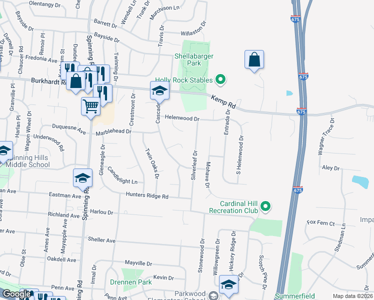 map of restaurants, bars, coffee shops, grocery stores, and more near 5843 Willow Glen Court in Dayton