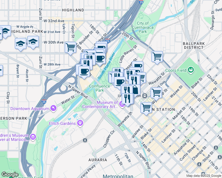 map of restaurants, bars, coffee shops, grocery stores, and more near 1500 Little Raven Street in Denver