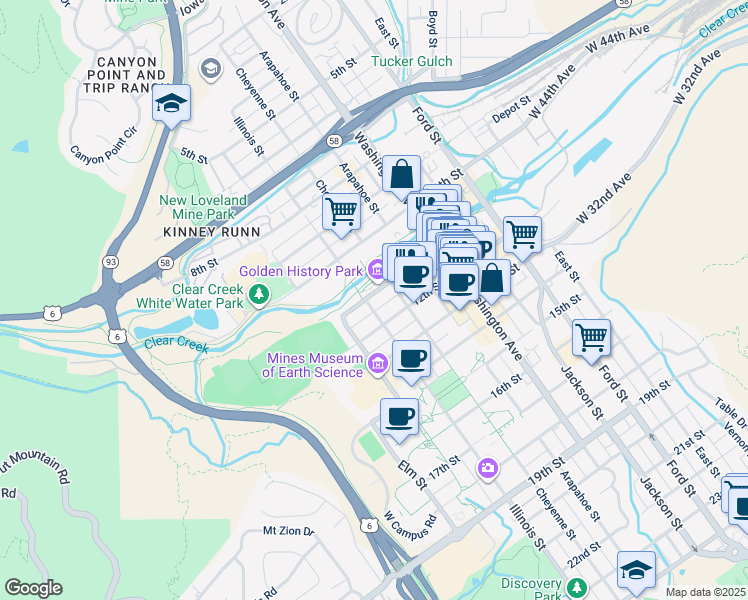 map of restaurants, bars, coffee shops, grocery stores, and more near 1101 Illinois Street in Golden