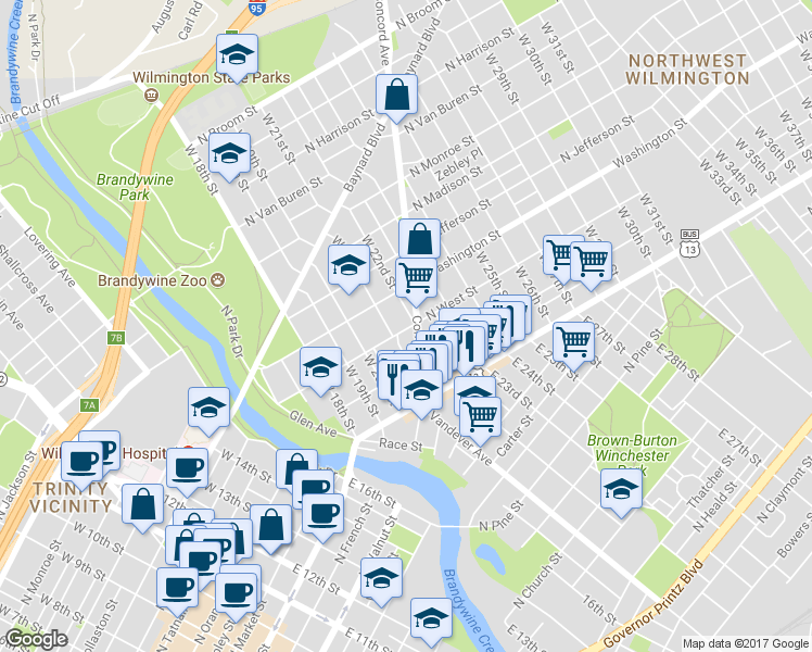 map of restaurants, bars, coffee shops, grocery stores, and more near 200 West 22nd Street in Wilmington