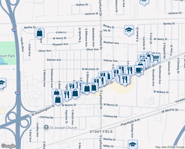 map of restaurants, bars, coffee shops, grocery stores, and more near 816 Manhattan Avenue in Indianapolis