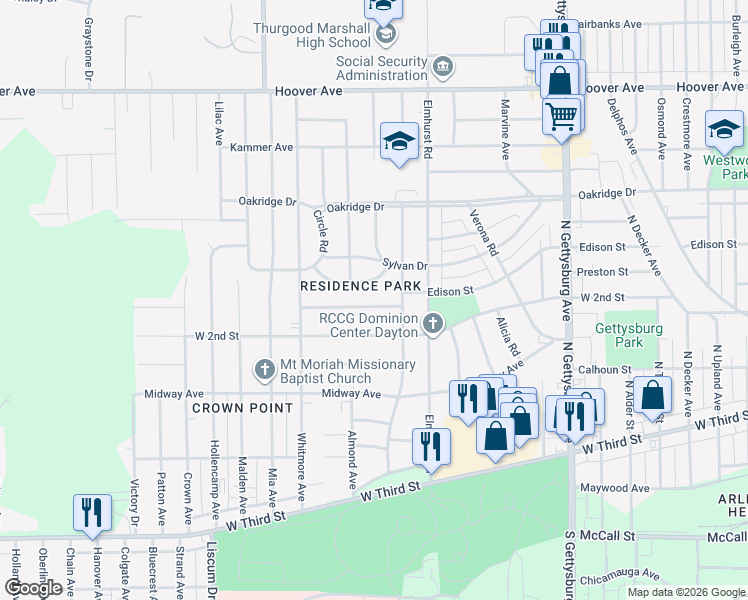 map of restaurants, bars, coffee shops, grocery stores, and more near 4515 Dayview Avenue in Dayton