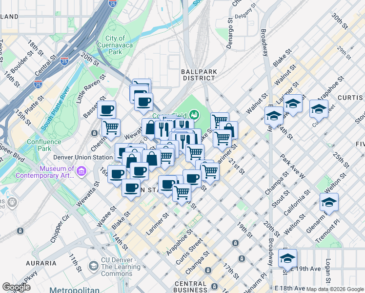 map of restaurants, bars, coffee shops, grocery stores, and more near 1962 Wazee Street in Denver