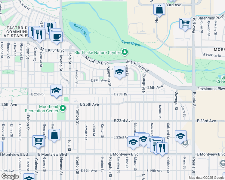 map of restaurants, bars, coffee shops, grocery stores, and more near 2586 Kingston Street in Aurora