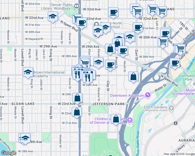map of restaurants, bars, coffee shops, grocery stores, and more near 2812 West 26th Avenue in Denver