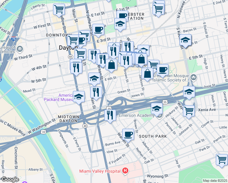 map of restaurants, bars, coffee shops, grocery stores, and more near 43 Green Street in Dayton