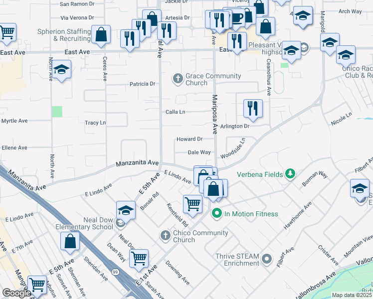 map of restaurants, bars, coffee shops, grocery stores, and more near 1272 Dale Way in Chico