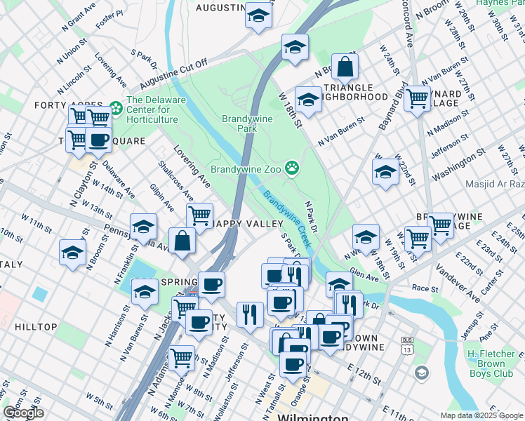 map of restaurants, bars, coffee shops, grocery stores, and more near South Park Drive in Wilmington