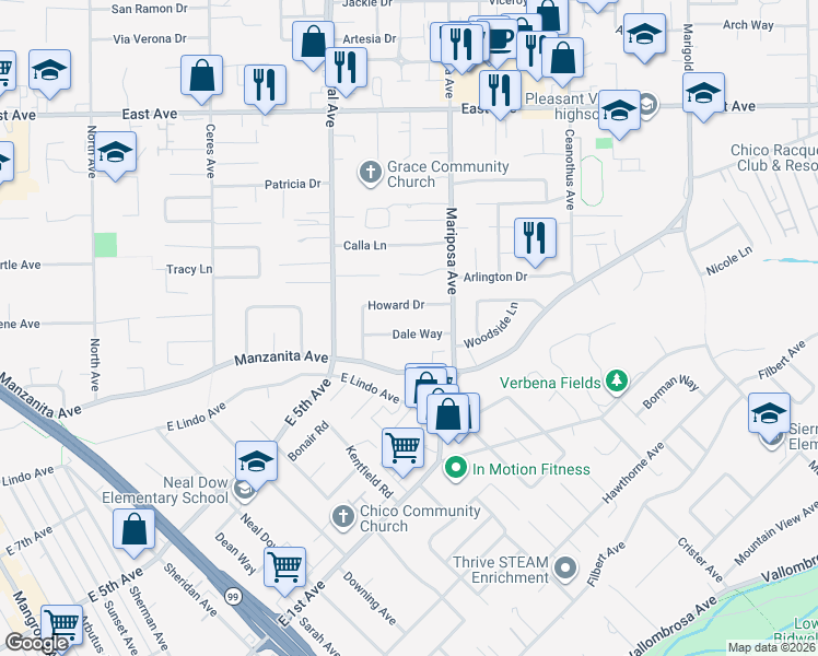 map of restaurants, bars, coffee shops, grocery stores, and more near 1280 Dale Way in Chico