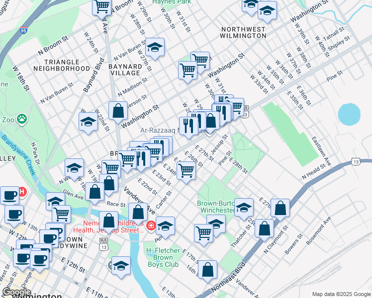 map of restaurants, bars, coffee shops, grocery stores, and more near 2602 North Market Street in Wilmington