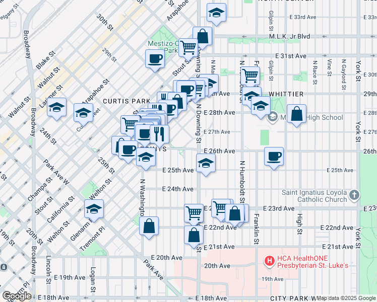 map of restaurants, bars, coffee shops, grocery stores, and more near 2560 North Ogden Street in Denver