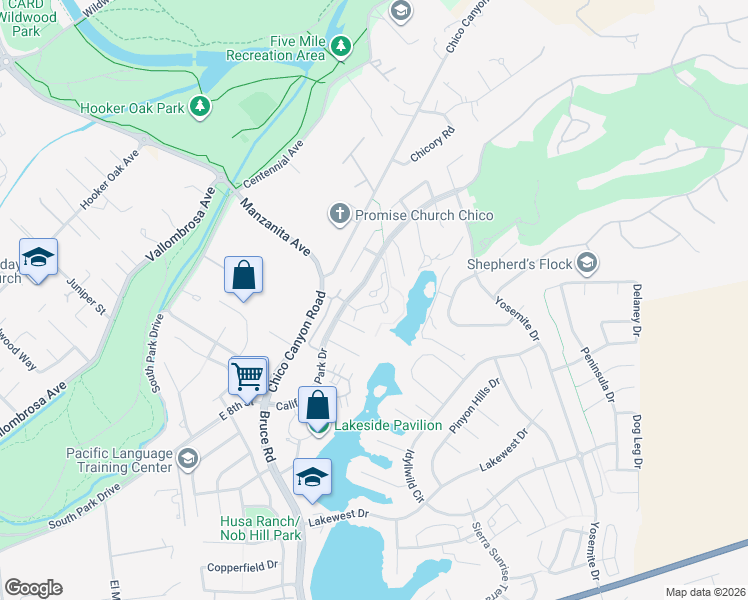 map of restaurants, bars, coffee shops, grocery stores, and more near 2918 Pennyroyal Drive in Chico