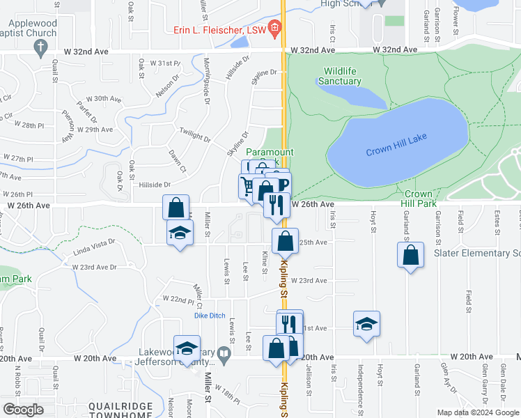 map of restaurants, bars, coffee shops, grocery stores, and more near 10110 County Road 34 in Wheat Ridge