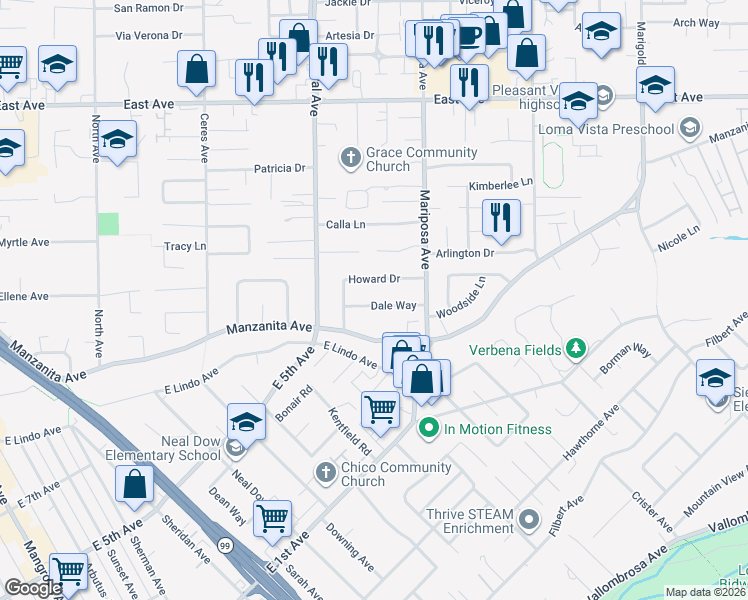 map of restaurants, bars, coffee shops, grocery stores, and more near 1276 Dale Way in Chico
