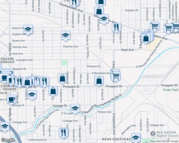 map of restaurants, bars, coffee shops, grocery stores, and more near 2118 Woodlawn Avenue in Indianapolis