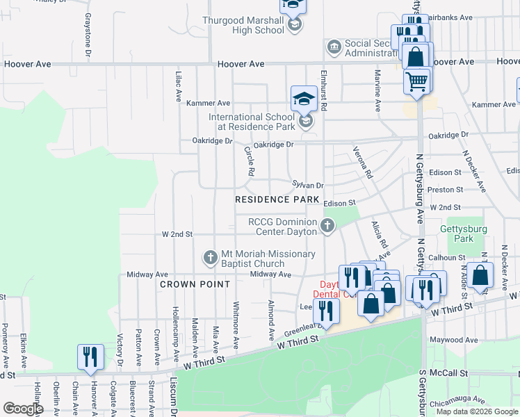 map of restaurants, bars, coffee shops, grocery stores, and more near 4553 Dayview Avenue in Dayton