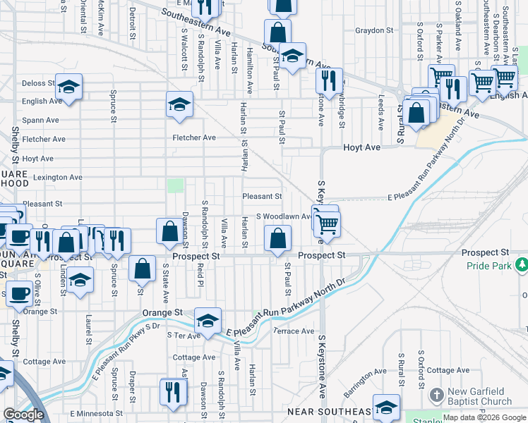 map of restaurants, bars, coffee shops, grocery stores, and more near 2224 Woodlawn Avenue in Indianapolis