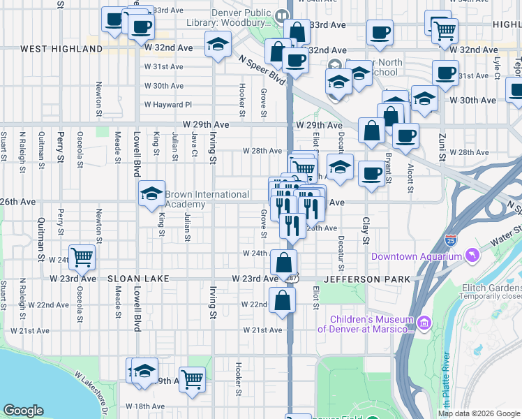 map of restaurants, bars, coffee shops, grocery stores, and more near 2545 Grove Street in Denver
