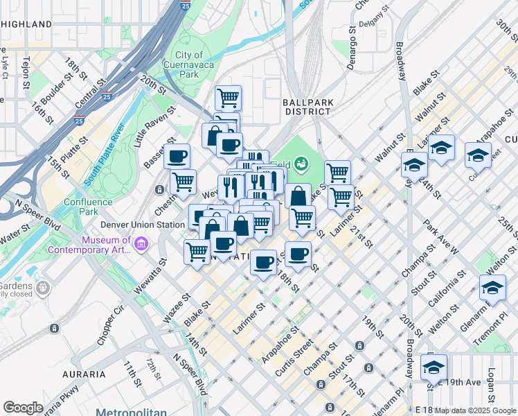 map of restaurants, bars, coffee shops, grocery stores, and more near 1601 19th Street in Denver