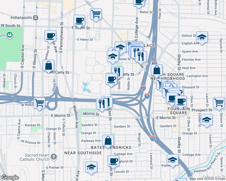map of restaurants, bars, coffee shops, grocery stores, and more near 937 S East St in Indianapolis