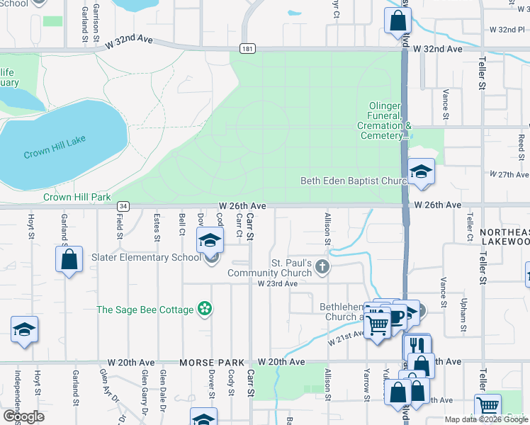 map of restaurants, bars, coffee shops, grocery stores, and more near 8302 West 26th Avenue in Lakewood